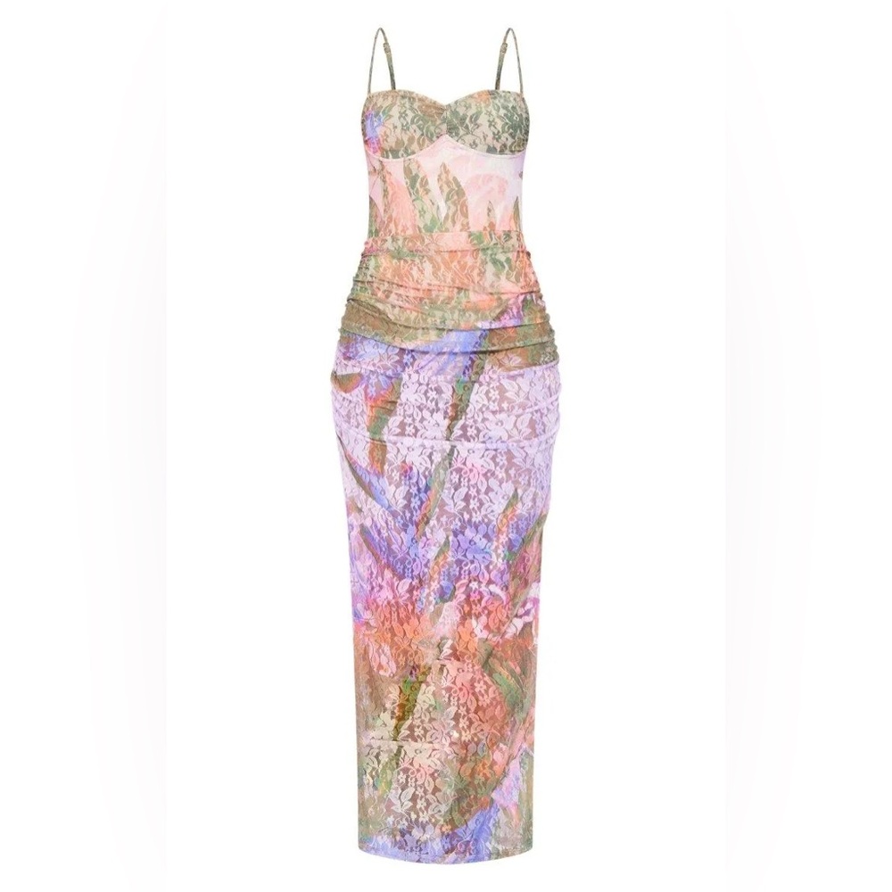 Prettylittlething Multicolor Lace Ruched bodycon Maxi dress